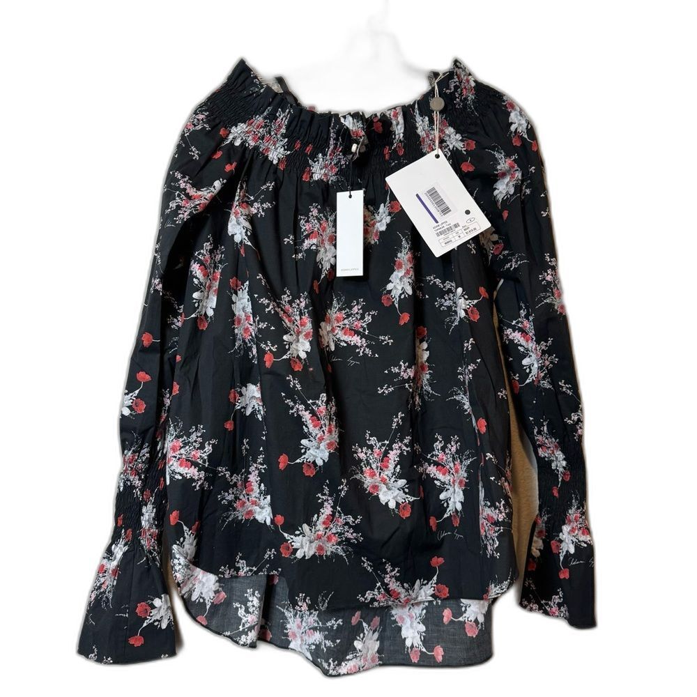 Adam Lippes Off The Shoulder Floral Top Printed Poplin Black/Poppy sz M New!
